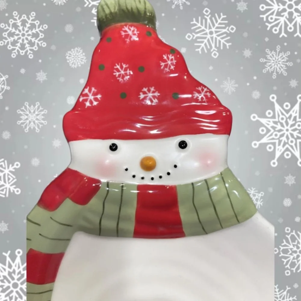 Hallmark Christmas Snowman Candy Dish Wearing a Green and Red Scarf & Hat